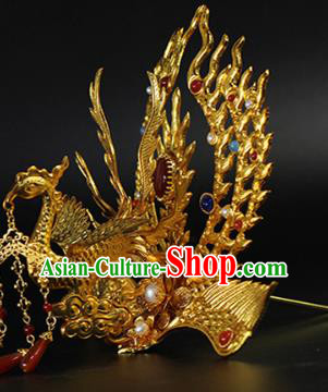 China Traditional Ming Dynasty Gems Hair Crown Ancient Empress Golden Phoenix Hairpin