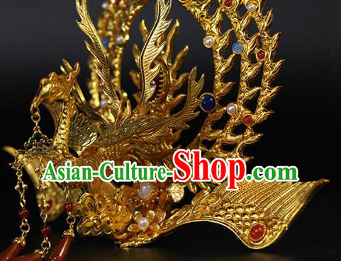 China Traditional Ming Dynasty Gems Hair Crown Ancient Empress Golden Phoenix Hairpin