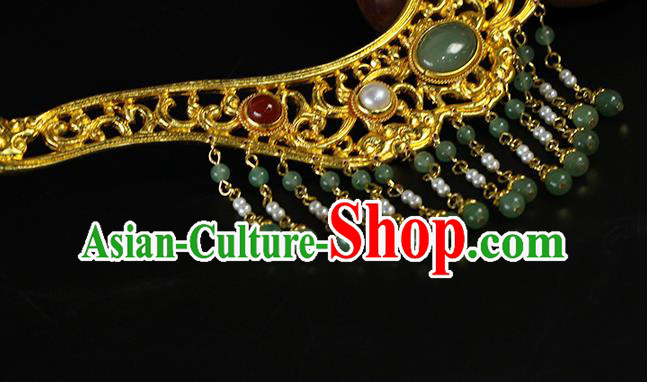 China Traditional Ming Dynasty Green Beads Tassel Hair Stick Ancient Empress Golden Hairpin