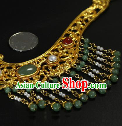 China Traditional Ming Dynasty Green Beads Tassel Hair Stick Ancient Empress Golden Hairpin
