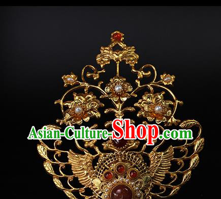 China Ancient Empress Golden Phoenix Hairpin Traditional Ming Dynasty Queen Agate Pearls Hair Crown