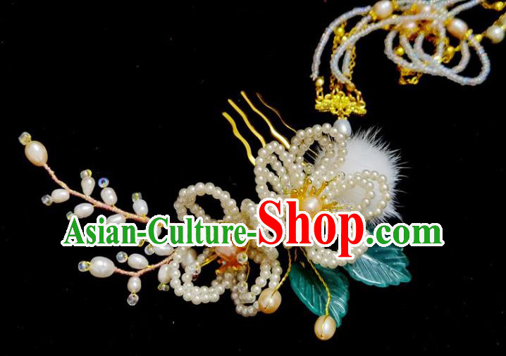 China Ming Dynasty Pearls Hairpin Traditional Hanfu Hair Accessories Ancient Princess Tassel Hair Comb