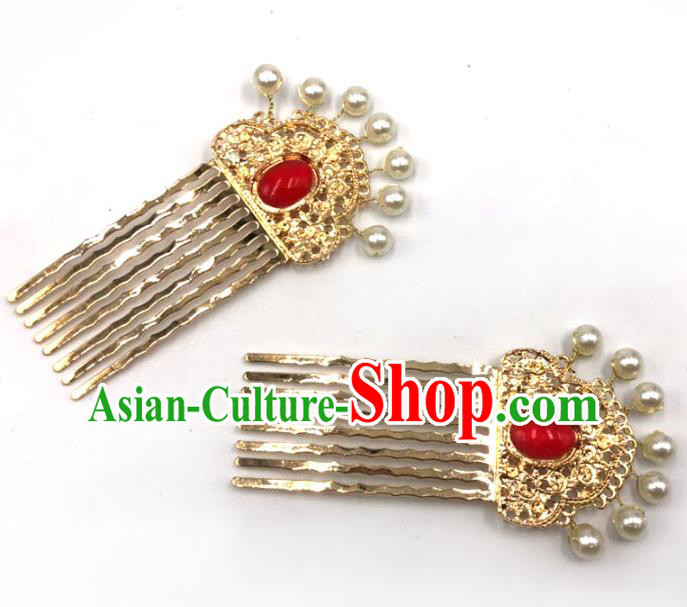 China Ancient Princess Golden Hair Combs Ming Dynasty Hairpin Traditional Hanfu Hair Accessories