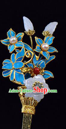 China Traditional Qing Dynasty Palace Jade Plum Hair Stick Ancient Queen Pearls Orchids Hairpin