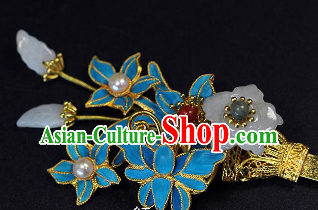 China Traditional Qing Dynasty Palace Jade Plum Hair Stick Ancient Queen Pearls Orchids Hairpin