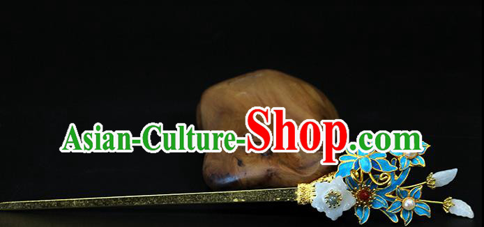 China Traditional Qing Dynasty Palace Jade Plum Hair Stick Ancient Queen Pearls Orchids Hairpin