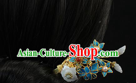 China Traditional Qing Dynasty Palace Jade Plum Hair Stick Ancient Queen Pearls Orchids Hairpin