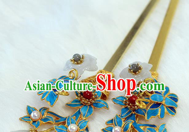 China Traditional Qing Dynasty Palace Jade Plum Hair Stick Ancient Queen Pearls Orchids Hairpin