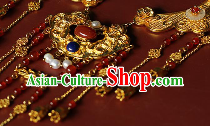 Chinese Traditional Wedding Agate Beads Necklace Ancient Princess Golden Tassel Necklet Accessories