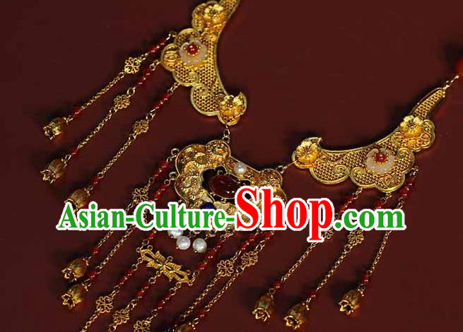 Chinese Traditional Wedding Agate Beads Necklace Ancient Princess Golden Tassel Necklet Accessories