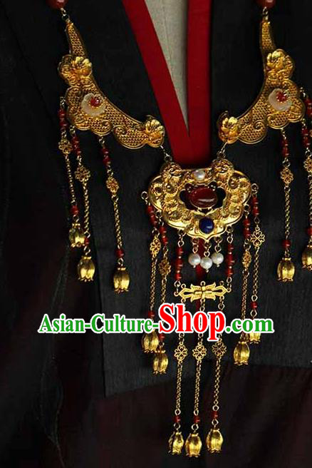 Chinese Traditional Wedding Agate Beads Necklace Ancient Princess Golden Tassel Necklet Accessories