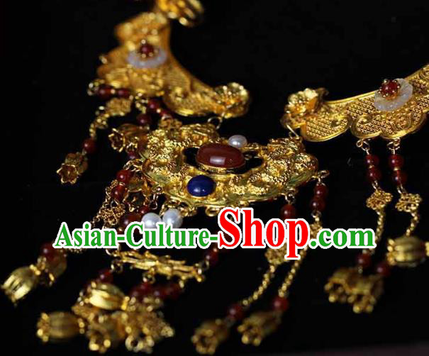Chinese Traditional Wedding Agate Beads Necklace Ancient Princess Golden Tassel Necklet Accessories