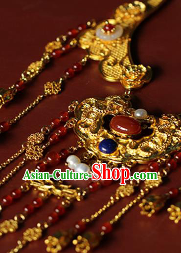 Chinese Traditional Wedding Agate Beads Necklace Ancient Princess Golden Tassel Necklet Accessories