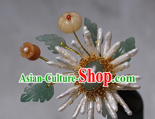 China Traditional Qing Dynasty Pearls Chrysanthemum Hairpin Ancient Queen Ceregat Hair Stick