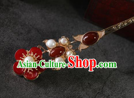 China Ancient Empress Pearls Hair Accessories Traditional Qing Dynasty Court Agate Plum Hairpin