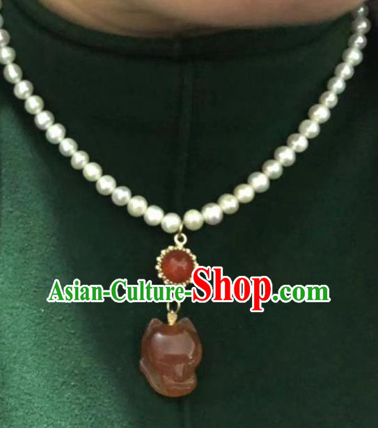 Chinese Traditional Agate Fox Necklace Classical Cheongsam Pearls Accessories
