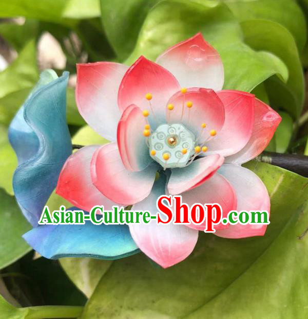 China Ancient Palace Lady Pink Lotus Hairpin Traditional Qing Dynasty Court Ebony Hair Stick