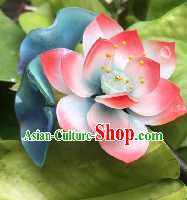 China Ancient Palace Lady Pink Lotus Hairpin Traditional Qing Dynasty Court Ebony Hair Stick