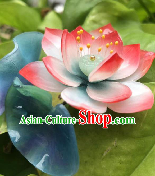 China Ancient Palace Lady Pink Lotus Hairpin Traditional Qing Dynasty Court Ebony Hair Stick