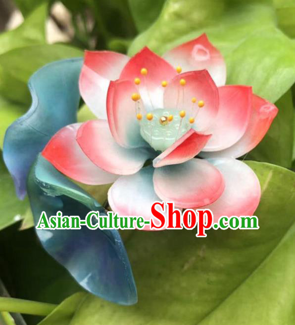 China Ancient Palace Lady Pink Lotus Hairpin Traditional Qing Dynasty Court Ebony Hair Stick