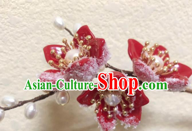 China Ancient Princess Red Plum Blossom Hairpin Traditional Ming Dynasty Pearls Hair Stick