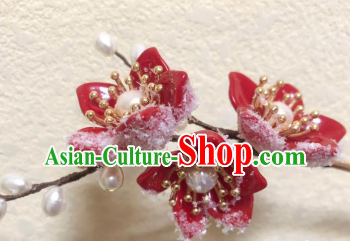 China Ancient Princess Red Plum Blossom Hairpin Traditional Ming Dynasty Pearls Hair Stick