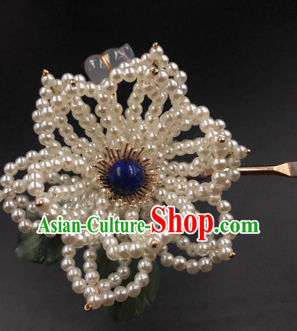 China Ancient Princess Pearls Peony Hairpin Traditional Ming Dynasty Lapis Hair Stick