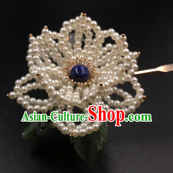 China Ancient Princess Pearls Peony Hairpin Traditional Ming Dynasty Lapis Hair Stick