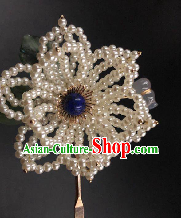 China Ancient Princess Pearls Peony Hairpin Traditional Ming Dynasty Lapis Hair Stick