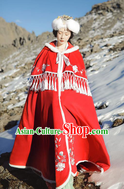 China Traditional Hanfu Red Wool Cloak Ancient Ming Dynasty Imperial Consort Historical Clothing