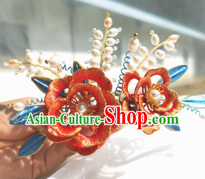 China Ming Dynasty Red Silk Peony Hairpin Traditional Hanfu Hair Accessories Ancient Princess Hair Crown