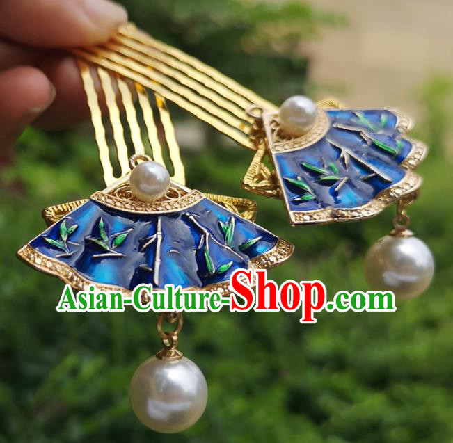 China Ancient Princess Hairpin Traditional Hanfu Hair Accessories Ming Dynasty Blueing Hair Combs