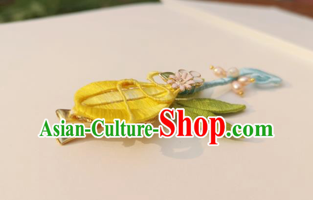 China Ancient Palace Lady Pearls Hairpin Traditional Ming Dynasty Yellow Silk Lute Hair Stick
