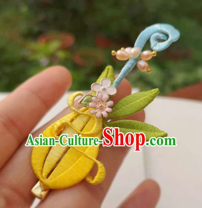 China Ancient Palace Lady Pearls Hairpin Traditional Ming Dynasty Yellow Silk Lute Hair Stick