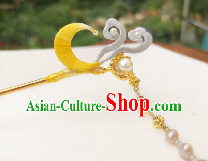 China Ancient Hanfu Hairpin Traditional Ming Dynasty Silk Moon Tassel Hair Stick
