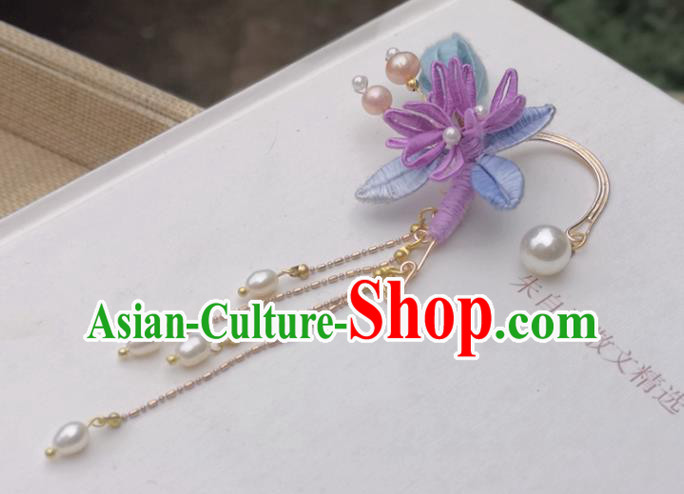 Handmade China Ming Dynasty Pearls Tassel Earrings Pendant Ancient Hanfu Silk Flower Ear Accessories