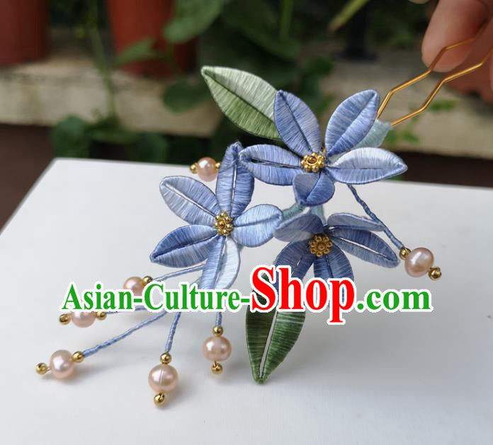 China Ancient Hanfu Blue Silk Flowers Hairpin Traditional Ming Dynasty Pearls Hair Clip