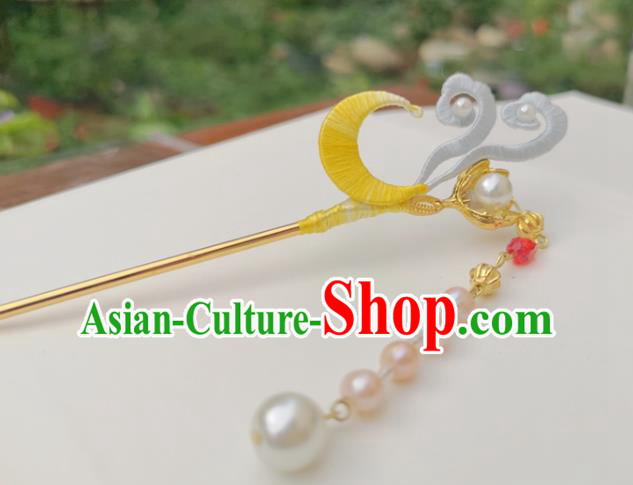 China Ancient Hanfu Blue Silk Flowers Hairpin Traditional Ming Dynasty Pearls Hair Clip