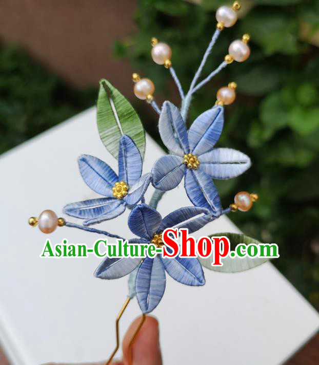 China Ancient Hanfu Blue Silk Flowers Hairpin Traditional Ming Dynasty Pearls Hair Clip