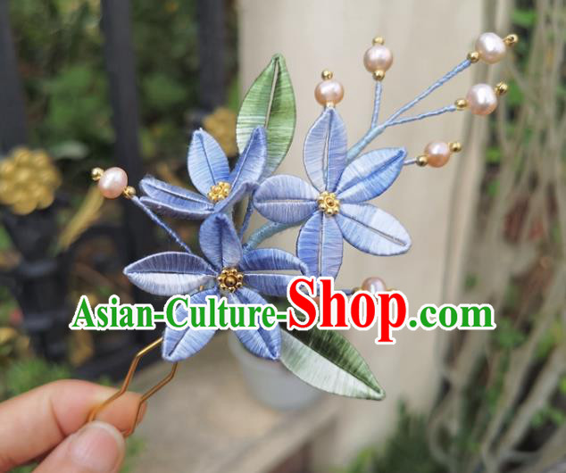 China Ancient Hanfu Blue Silk Flowers Hairpin Traditional Ming Dynasty Pearls Hair Clip