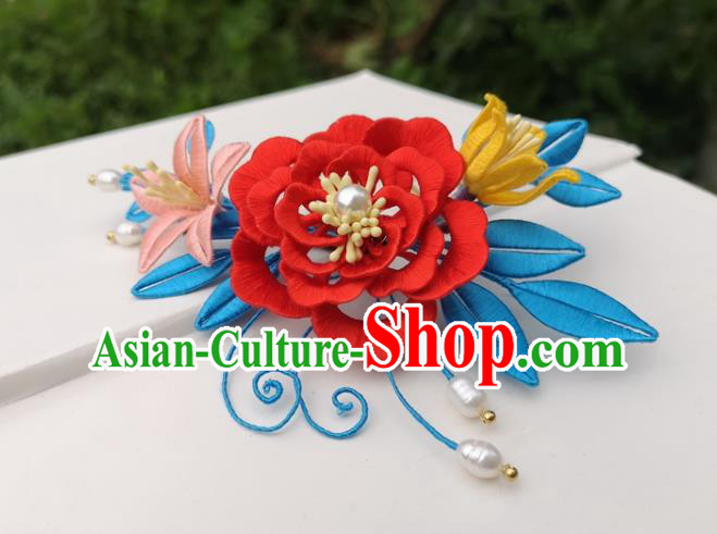 China Traditional Ming Dynasty Red Silk Peony Hair Comb Ancient Palace Lady Hairpin