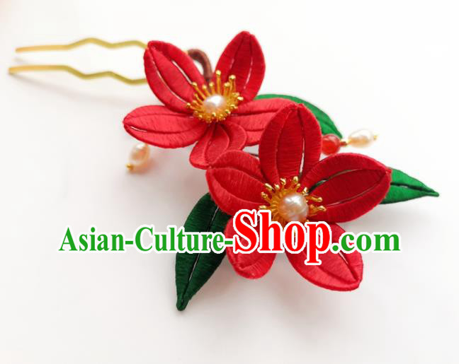 China Traditional Ming Dynasty Red Silk Flowers Hair Stick Ancient Palace Lady Pearls Hairpin