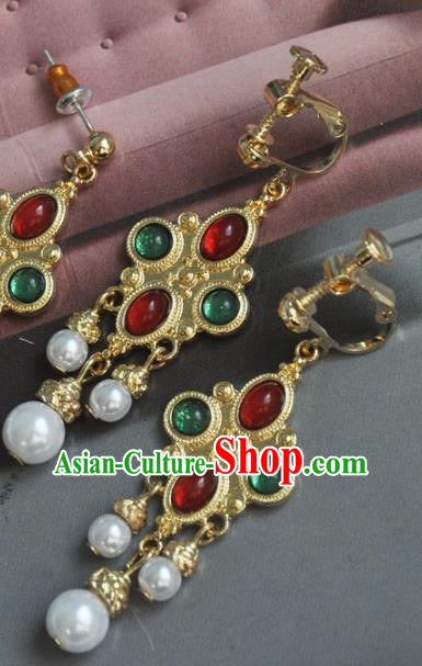 Chinese Classical Cheongsam Gems Ear Accessories Traditional Court Golden EarringsChinese Classical Cheongsam Gems Ear Accessories Traditional Court Golden Earrings