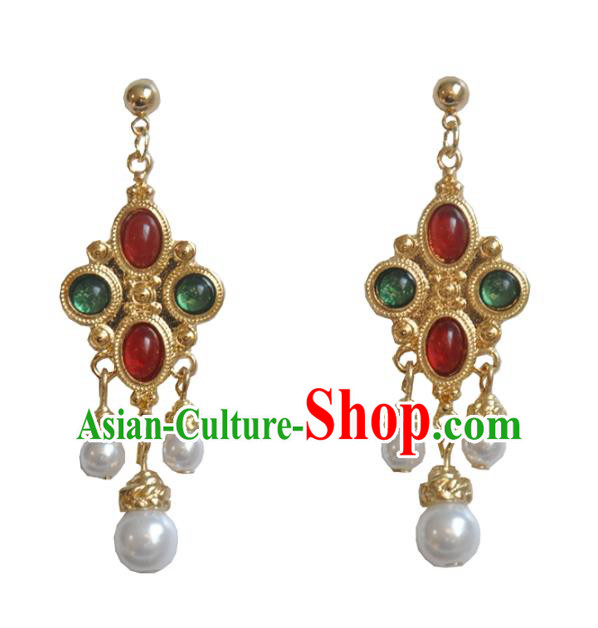 Chinese Classical Cheongsam Gems Ear Accessories Traditional Court Golden Earrings