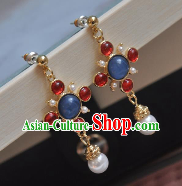 Chinese Classical Cheongsam Lapis Ear Accessories Traditional Court Red Crystal Earrings