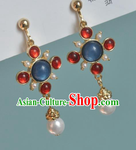 Chinese Classical Cheongsam Lapis Ear Accessories Traditional Court Red Crystal Earrings