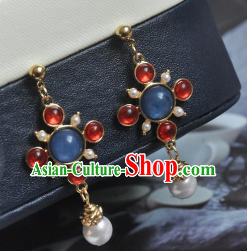Chinese Classical Cheongsam Lapis Ear Accessories Traditional Court Red Crystal Earrings
