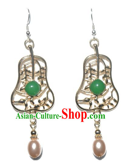 Chinese Classical Cheongsam Golden Fan Ear Accessories Traditional Court Pearl Earrings