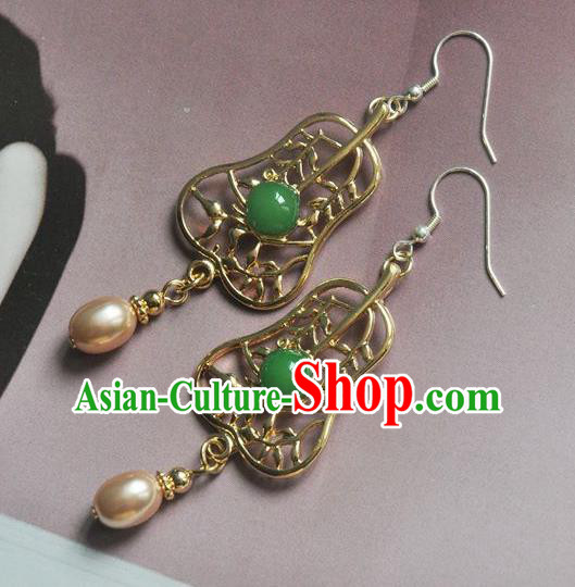 Chinese Classical Cheongsam Golden Fan Ear Accessories Traditional Court Pearl EarringsChinese Classical Cheongsam Golden Fan Ear Accessories Traditional Court Pearl Earrings
