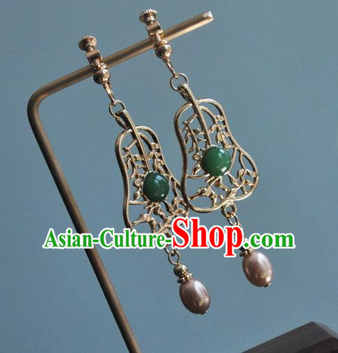 Chinese Classical Cheongsam Golden Fan Ear Accessories Traditional Court Pearl Earrings